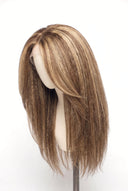 Kinky Straight Layered Glueless Human Hair Wig in Shade 6/27 Honeywood, Light Brown and Honey Blonde Highlights and Lowlights, by Kora Strand