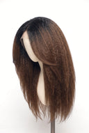Kinky Straight Layered Glueless Human Hair Wig in Shade T1B/4 Noire Melt, Off Black to Chocolate Brown Balayage, by Kora Strand