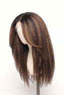 Kinky Straight Layered Glueless Human Hair Wig in Shade T2-2/4/6 Brun Tissé, Multi-Tonal Brunette Highlights and Lowlights, by Kora Strand