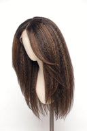 Kinky Straight Layered Glueless Human Hair Wig in Shade T2-2/4 Cocoa Melt, Dark to Medium Brown Highlights and Lowlights, by Kora Strand