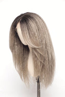 Kinky Straight Layered Glueless Human Hair Wig in Shade T5/20 Mink Root, Rooted Ash Brown to Ash Blonde Balayage, by Kora Strand