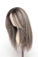 Kinky Straight Layered Glueless Human Hair Wig in Shade T5-5/55 Ash Halo, Rooted Ash Brown with Light Ash Blonde Highlights, by Kora Strand