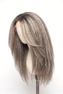 Kinky Straight Layered Glueless Human Hair Wig in Shade T5-7/20 Mink Ash, Rooted Dark Ash Blonde Balayage Blend, by Kora Strand