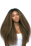 Kinky Straight Nahtlinien-Weft-Tape-Extensions, die die Haartextur und Länge von Kora Strand zeigen