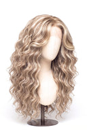 Loose Wave Layered Glueless Human Hair Wig in Shade 18/60 Pearl Grain, Beige and Creamy Blonde Highlights and Lowlights, by Kora Strand
