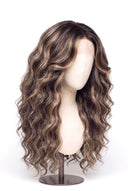 Loose Wave Layered Glueless Human Hair Wig in Shade T2-2/18 Espresso Halo, Dark Brown to Warm Beige Blonde Balayage, by Kora Strand