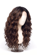 Loose Wave Layered Glueless Human Hair Wig in Shade T2-2/4 Cocoa Melt, Dark to Medium Brown Highlights and Lowlights, by Kora Strand