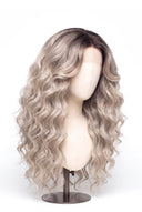 Loose Wave Layered Glueless Human Hair Wig in Shade T5/20 Mink Root, Rooted Ash Brown to Ash Blonde Balayage, by Kora Strand