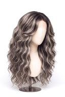 Loose Wave Layered Glueless Human Hair Wig in Shade T5-5/55 Ash Halo, Rooted Ash Brown with Light Ash Blonde Highlights, by Kora Strand