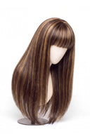 Silk Straight Fringe Glueless Human Hair Wig in Shade 4/27 Riviera Brun, Medium Brown and Honey Blonde Highlights and Lowlights, by Kora Strand
