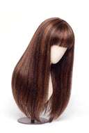 Silk Straight Fringe Glueless Human Hair Wig in Shade 4/30 Toasted Amber, Medium Brown and Auburn Copper Highlights and Lowlights, by Kora Strand