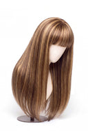 Silk Straight Fringe Glueless Human Hair Wig in Shade 6/27 Honeywood, Light Brown and Honey Blonde Highlights and Lowlights, by Kora Strand