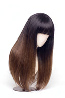 Silk Straight Fringe Glueless Human Hair Wig in Shade T1B/4 Noire Melt, Off Black to Chocolate Brown Balayage, by Kora Strand