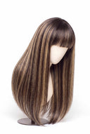 Silk Straight Fringe Glueless Human Hair Wig in Shade T2-2/18 Espresso Halo, Dark Brown to Warm Beige Blonde Balayage, by Kora Strand