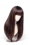 Silk Straight Fringe Glueless Human Hair Wig in Shade T2-2/4/6 Brun Tissé, Multi-Tonal Brunette Highlights and Lowlights, by Kora Strand