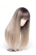 Silk Straight Fringe Glueless Human Hair Wig in Shade T5/20 Mink Root, Rooted Ash Brown to Ash Blonde Balayage, by Kora Strand