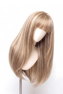 Silk Straight Fringe Layered Glueless Human Hair Wig in Shade 18/22 Cream Oat, Beige and Vanilla Blonde Highlights and Lowlights, by Kora Strand