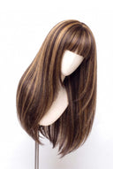 Silk Straight Fringe Layered Glueless Human Hair Wig in Shade 4/27 Riviera Brun, Medium Brown and Honey Blonde Highlights and Lowlights, by Kora Strand