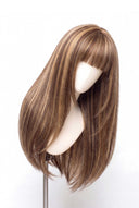 Silk Straight Fringe Layered Glueless Human Hair Wig in Shade 6/27 Honeywood, Light Brown and Honey Blonde Highlights and Lowlights, by Kora Strand