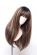 Silk Straight Fringe Layered Glueless Human Hair Wig in Shade T2-2/18 Espresso Halo, Dark Brown to Warm Beige Blonde Balayage, by Kora Strand
