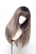 Silk Straight Fringe Layered Glueless Human Hair Wig in Shade T5-5/55 Ash Halo, Rooted Ash Brown with Light Ash Blonde Highlights, by Kora Strand