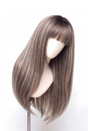 Silk Straight Fringe Layered Glueless Human Hair Wig in Shade T5-7/20 Mink Ash, Rooted Dark Ash Blonde Balayage Blend, by Kora Strand