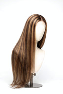 Silk Straight Glueless Human Hair Wig in Shade 4/27 Riviera Brun, Medium Brown and Honey Blonde Highlights and Lowlights, by Kora Strand