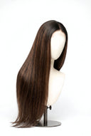 Silk Straight Glueless Human Hair Wig in Shade T2-2/4 Cocoa Melt, Dark to Medium Brown Highlights and Lowlights, by Kora Strand