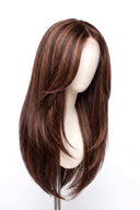 Silk Straight Layered Glueless Human Hair Wig in Shade 4/30 Toasted Amber, Medium Brown and Auburn Copper Highlights and Lowlights, by Kora Strand
