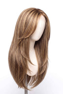 Silk Straight Layered Glueless Human Hair Wig in Shade 6/27 Honeywood, Light Brown and Honey Blonde Highlights and Lowlights, by Kora Strand