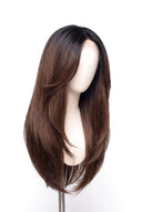 Silk Straight Layered Glueless Human Hair Wig in Shade T1B/4 Noire Melt, Off Black to Chocolate Brown Balayage, by Kora Strand