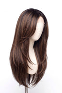 Silk Straight Layered Glueless Human Hair Wig in Shade T2-2/4/6 Brun Tissé, Multi-Tonal Brunette Highlights and Lowlights, by Kora Strand