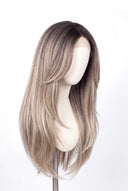 Silk Straight Layered Glueless Human Hair Wig in Shade T5/20 Mink Root, Rooted Ash Brown to Ash Blonde Balayage, by Kora Strand