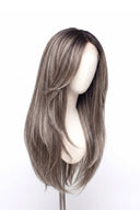 Silk Straight Layered Glueless Human Hair Wig in Shade T5-5/55 Ash Halo, Rooted Ash Brown with Light Ash Blonde Highlights, by Kora Strand