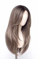 Silk Straight Layered Glueless Human Hair Wig in Shade T5-9/55 Stone Melt, Rooted Ash Brown to Light Ash Blonde Balayage, by Kora Strand
