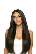 Seidene geradlinige Nahtkanten-Weftband-Extensions von Kora Strand, die Haartextur und Länge zeigen