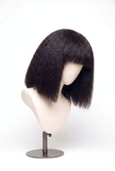 Yaki Straight Bob Fringe Glueless Human Hair Wig Showing the Fringe and Defined Texture by Kora Strand