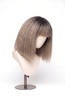 Yaki Straight Bob Fringe Glueless Human Hair Wig in Shade T5-9/55 Stone Melt, Rooted Ash Brown to Light Ash Blonde Balayage, by Kora Strand