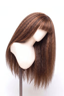 Yaki Straight Fringe Glueless Human Hair Wig in Shade 4/30 Toasted Amber, Medium Brown and Auburn Copper Highlights and Lowlights, by Kora Strand
