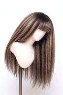 Yaki Straight Fringe Glueless Human Hair Wig in Shade T2-2/18 Espresso Halo, Dark Brown to Warm Beige Blonde Balayage, by Kora Strand