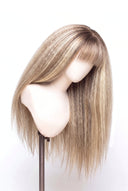 Yaki Straight Fringe Glueless Human Hair Wig in Shade T4-8/613 Rooted Ivory, Brown-Rooted Blonde Balayage, by Kora Strand
