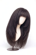 Yaki Straight Fringe Layered Glueless Human Hair Wig Showing the Fringe and Defined Texture by Kora Strand