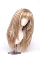 Yaki Straight Fringe Layered Glueless Human Hair Wig in Shade 18/22 Cream Oat, Beige and Vanilla Blonde Highlights and Lowlights, by Kora Strand