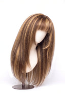 Yaki Straight Fringe Layered Glueless Human Hair Wig in Shade 4/27 Riviera Brun, Medium Brown and Honey Blonde Highlights and Lowlights, by Kora Strand