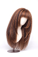 Yaki Straight Fringe Layered Glueless Human Hair Wig in Shade 4/30 Toasted Amber, Medium Brown and Auburn Copper Highlights and Lowlights, by Kora Strand