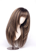 Yaki Straight Fringe Layered Glueless Human Hair Wig in Shade T2-2/18 Espresso Halo, Dark Brown to Warm Beige Blonde Balayage, by Kora Strand