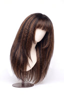 Yaki Straight Fringe Layered Glueless Human Hair Wig in Shade T2-2/4 Cocoa Melt, Dark to Medium Brown Highlights and Lowlights, by Kora Strand