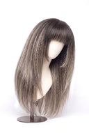 Yaki Straight Fringe Layered Glueless Human Hair Wig in Shade T5-5/55 Ash Halo, Rooted Ash Brown with Light Ash Blonde Highlights, by Kora Strand