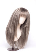 Yaki Straight Fringe Layered Glueless Human Hair Wig in Shade T5-7/20 Mink Ash, Rooted Dark Ash Blonde Balayage Blend, by Kora Strand