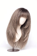 Yaki Straight Fringe Layered Glueless Human Hair Wig in Shade T5-9/55 Stone Melt, Rooted Ash Brown to Light Ash Blonde Balayage, by Kora Strand